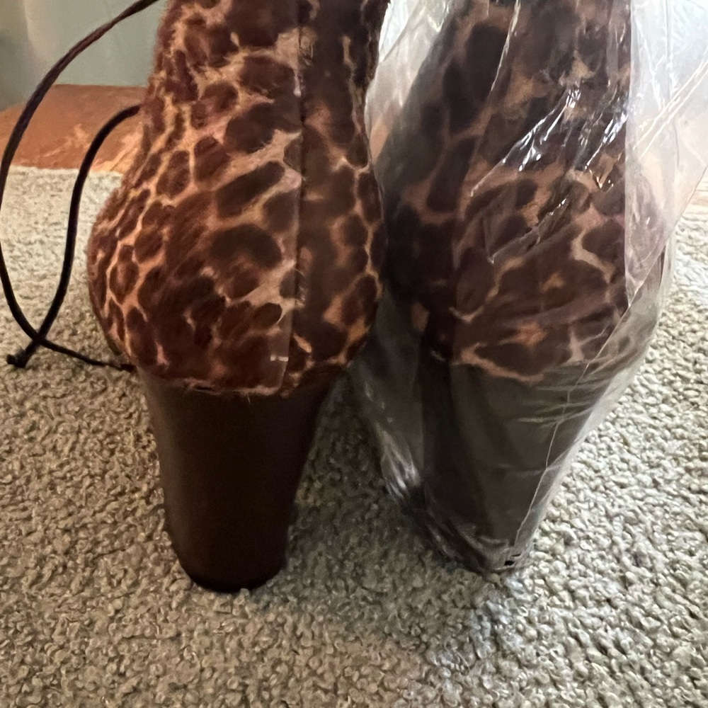 Delage Calf Hair Leopard Lace up Booties Size 37